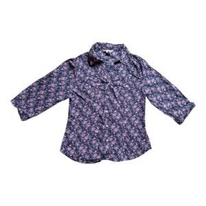 Women's Fun & Flirt Button Up, Size Large, Navy, Pink Floral Pattern